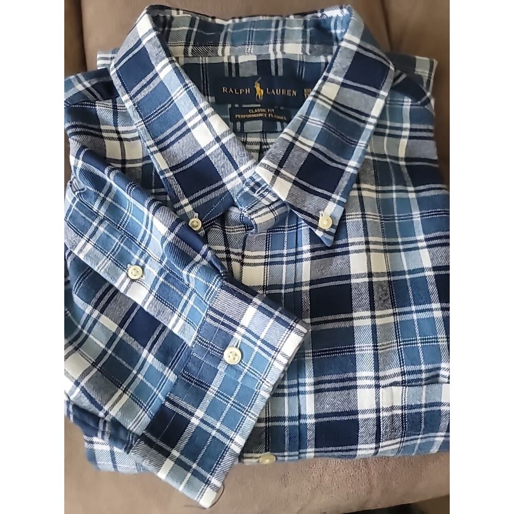 Ralph Lauren Shirt Mens XXL Blue Plaid Classic Fit Performance Flannel Pocket